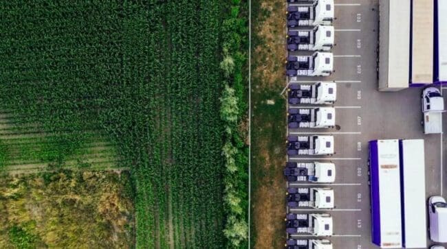 Trucks parked next to field