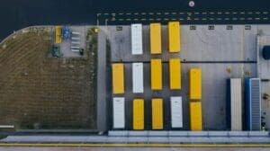 Cargo containers at a loading dock